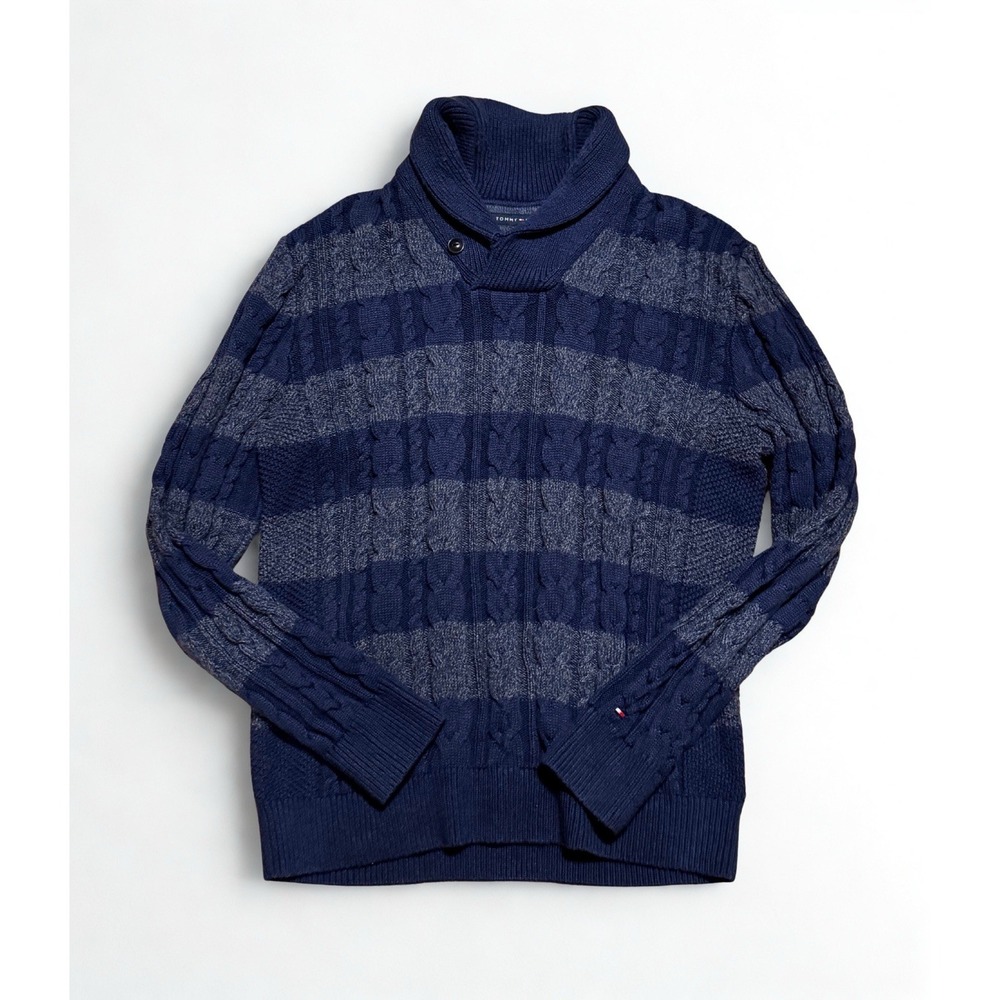Tommy‎ Hilfiger Heavy Cable Knit Fisherman Sweater Shawl Neck XL Blue gray